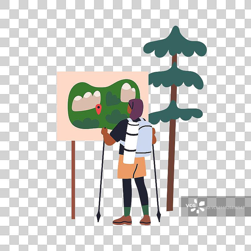 徒步游客在步道地图上寻找路线图片素材