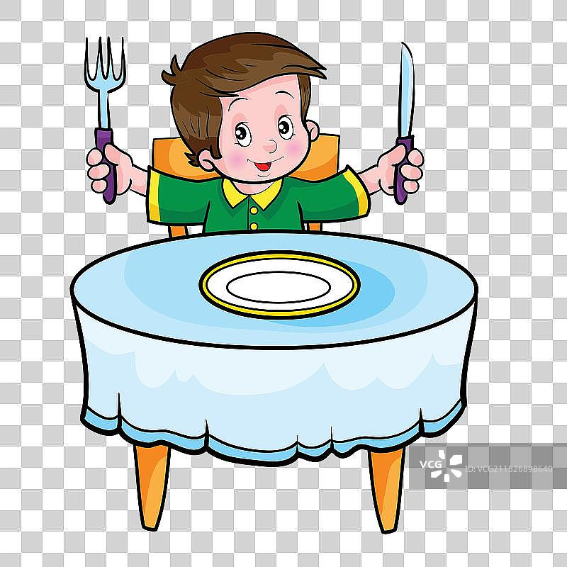 儿童坐在桌旁拿着餐具图片素材