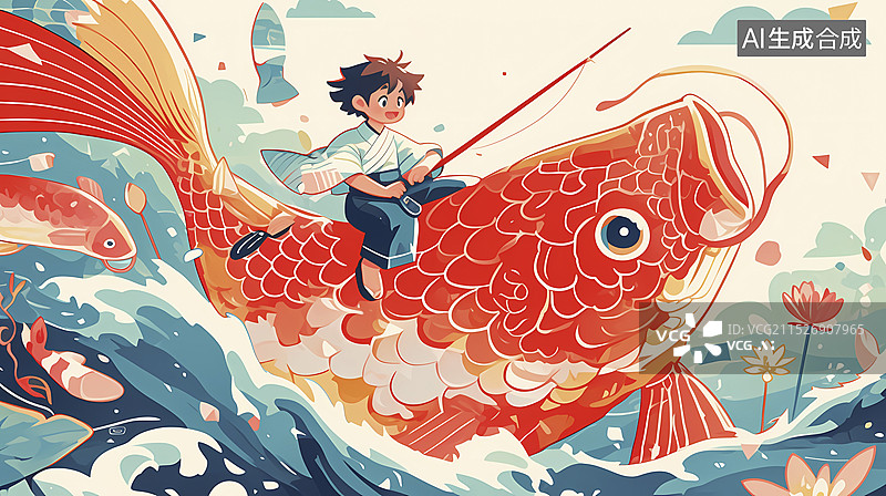 【AI数字艺术】传统中国新年孩子和鲤鱼插画海报背景图片素材