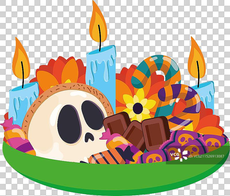 万圣节糖果骷髅和蜡烛拼盘图片素材