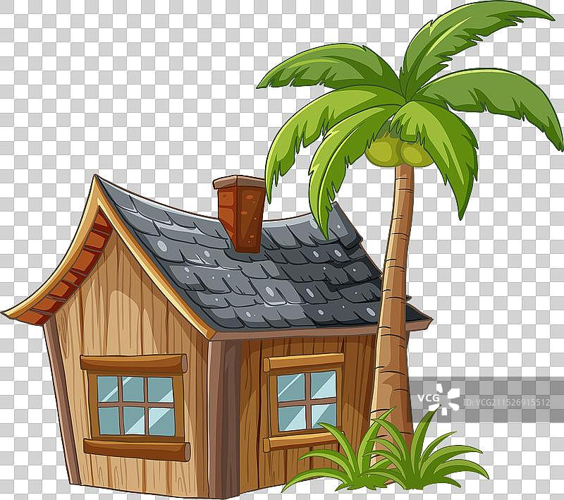 带有棕榈树的舒适小木屋卡通图片素材