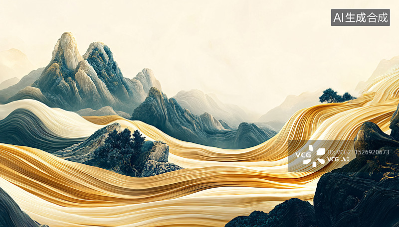 【AI数字艺术】国风铂金质感高山流水插画图片素材