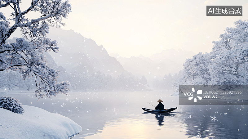 【AI数字艺术】孤舟蓑笠翁，独钓寒江雪诗句意境插画图片素材