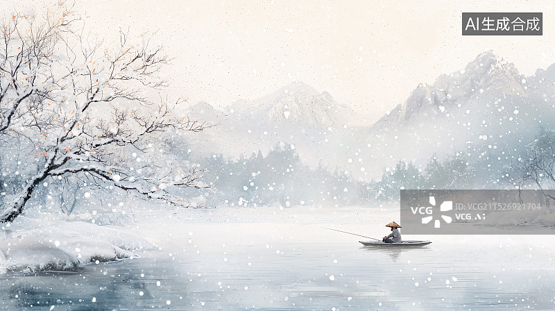 【AI数字艺术】孤舟蓑笠翁，独钓寒江雪诗句意境插画图片素材