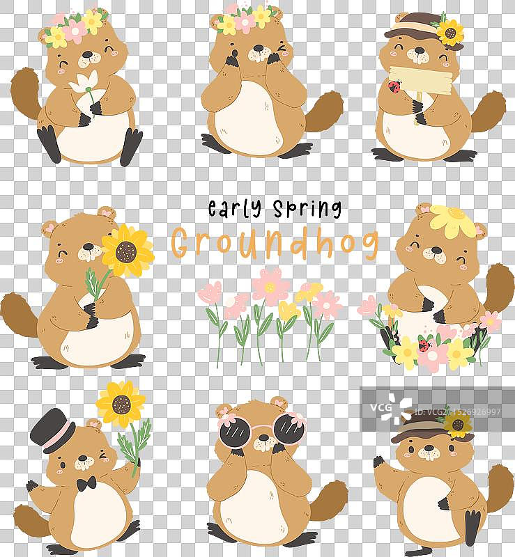 可爱土拨鼠春天动物卡通手绘图片素材
