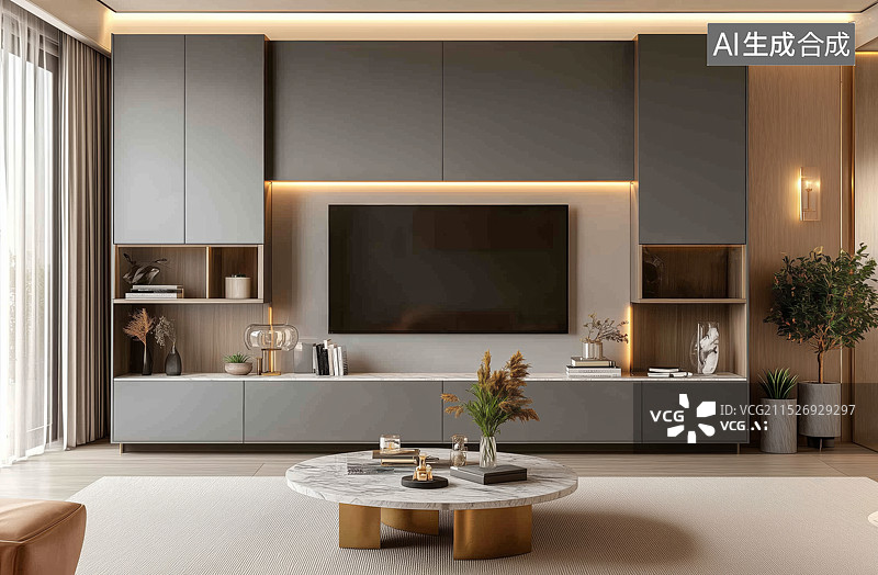 【AI数字艺术】3D现代简约风客厅电视背景墙装修设计效果图图片素材