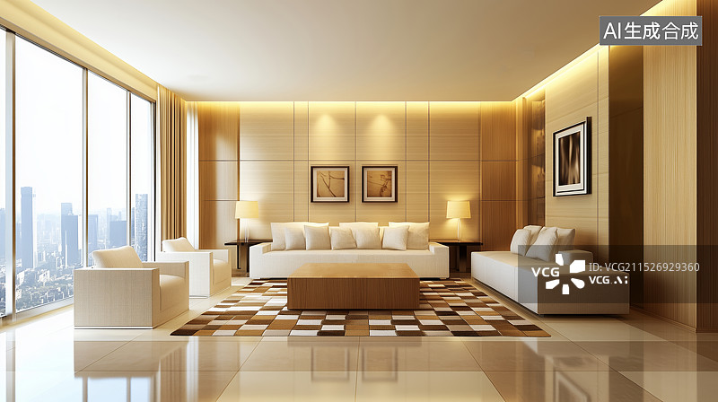 【AI数字艺术】3D现代简约客厅沙发三维空间场景图片素材