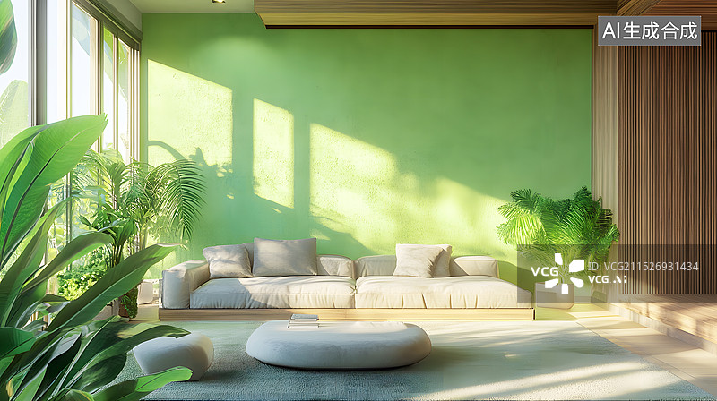 【AI数字艺术】AIGC：绿植，绿色墙壁，住宅内部，室内设计样板间图片素材