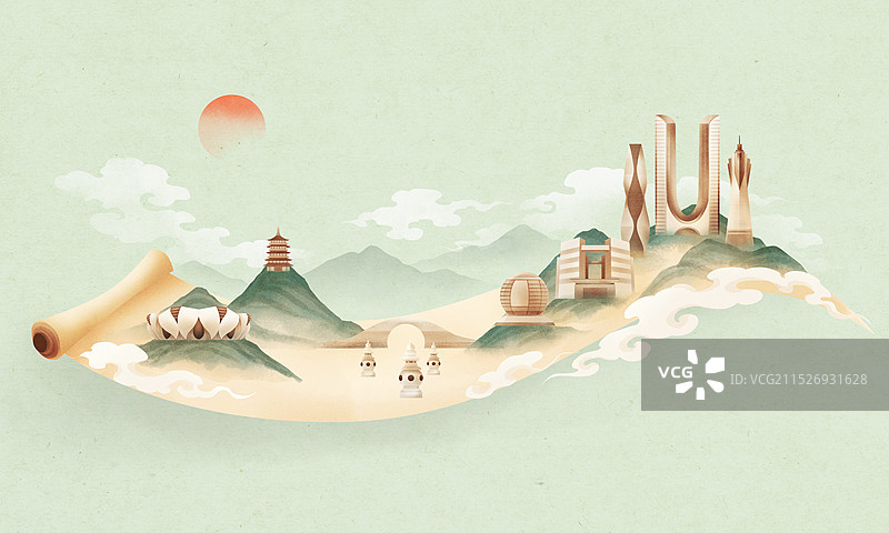 杭州国风天际线插画图片素材