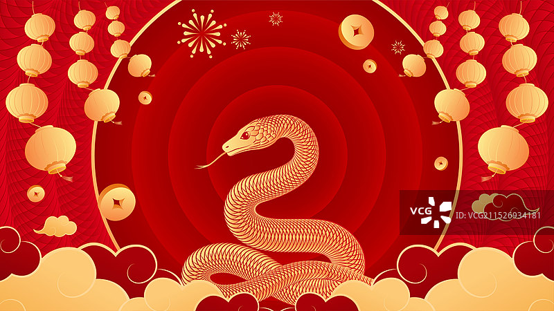 中国新年蛇年插画红色背景图片素材