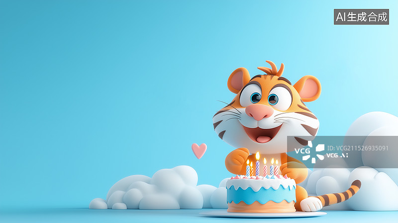 【AI数字艺术】3D卡通粘土风格老虎的生日蛋糕图片素材