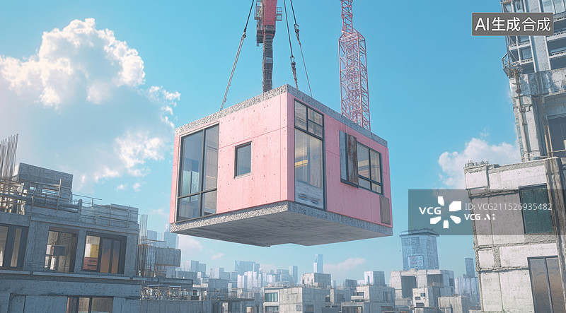 【AI数字艺术】一台起重机正在吊起一个模块化的建筑单元。背景是蓝天白云和混凝土结构的建筑物图片素材