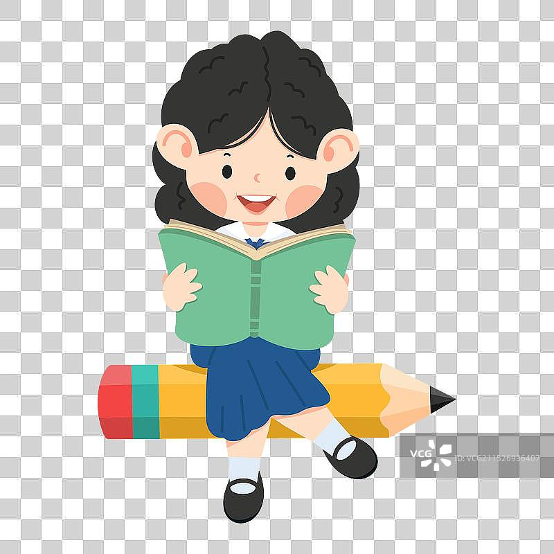 女学生坐在铅笔上，准备返校图片素材