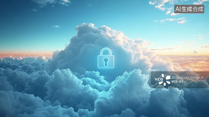 【AI数字艺术】云和挂锁图案，云计算与网络数据安全概念图片素材