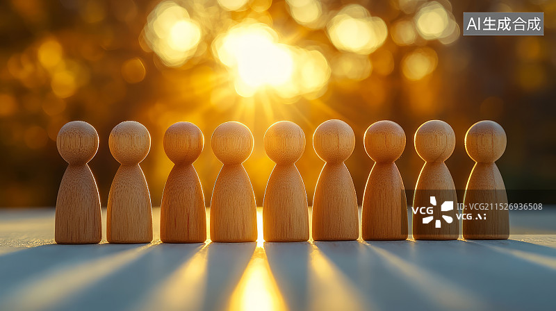 【AI数字艺术】一排木头人，企业团队合作概念图片素材