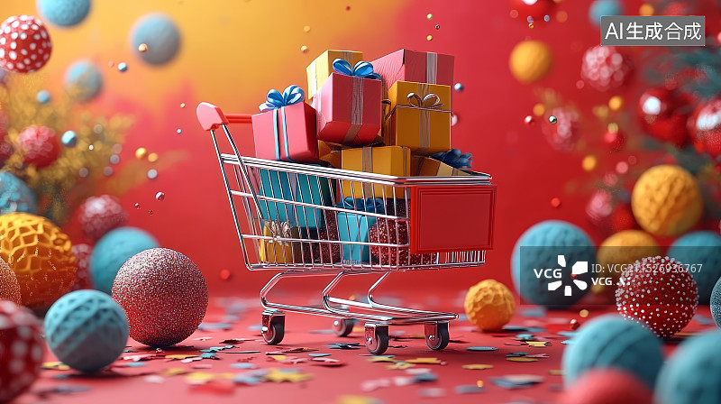 【AI数字艺术】购物车装满包装礼盒，购物节消费节概念图片素材