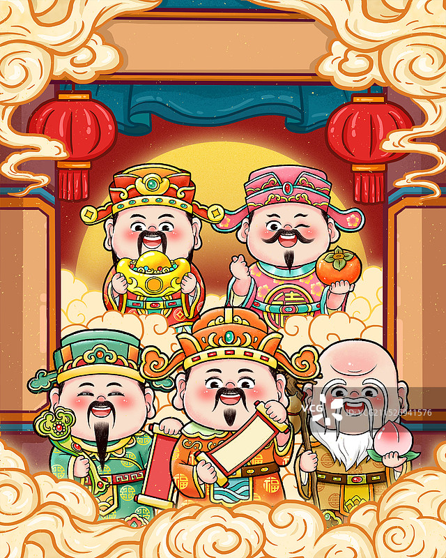 福禄寿喜财五福临门年画贴纸图片素材