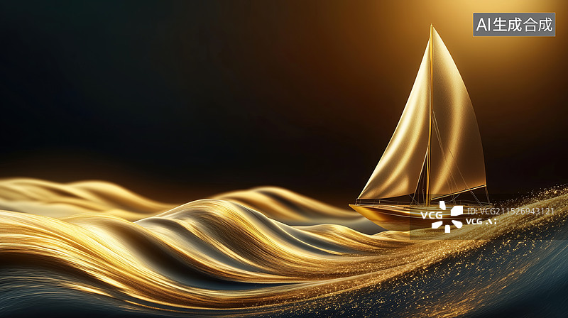 【AI数字艺术】弯曲流畅的金色艺术造型和金色帆船图片素材