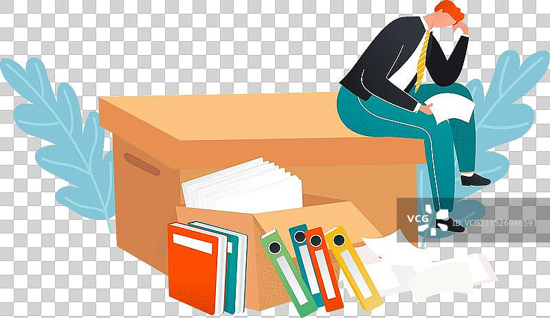 坐在大型纸板上的压力商人图片素材