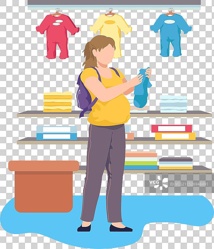 怀孕女性站在新生儿服装店里图片素材