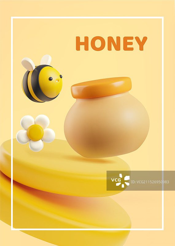 带蜜蜂罐和花朵的3D蜂蜜概念海报图片素材