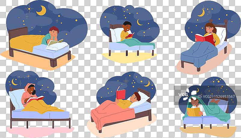 孩子们在床上读书图片素材