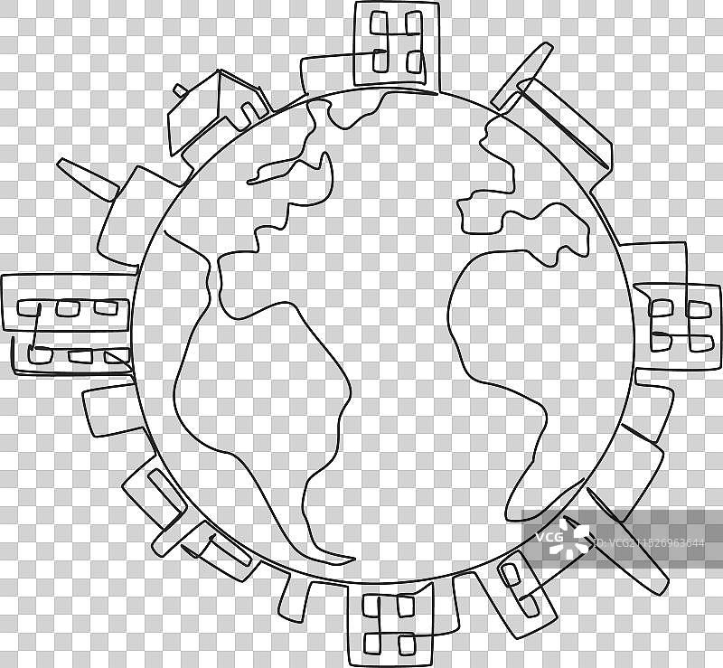 建筑物环绕连续单线画图片素材