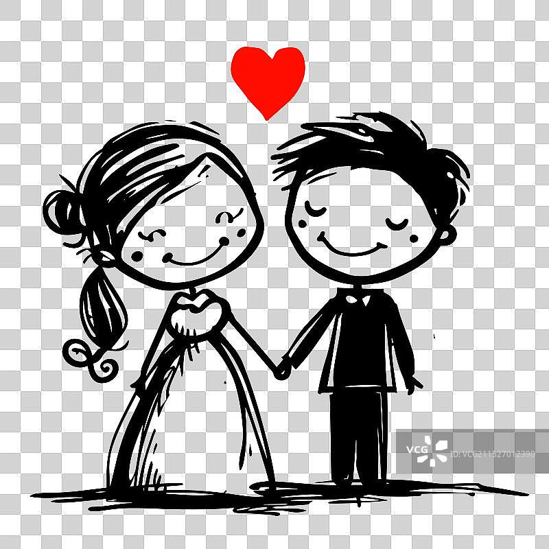 迷人的卡通婚礼情侣与心图片素材