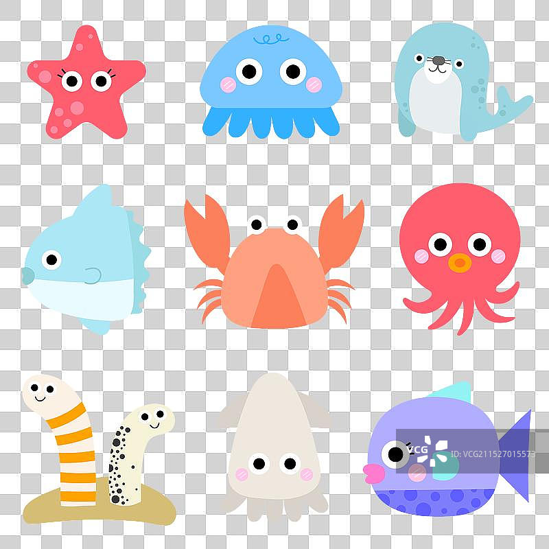 儿童风格卡通鱼中的可爱海洋动物图片素材