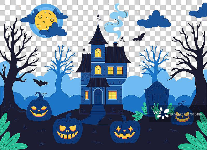 带墓地南瓜蝙蝠树的鬼屋图片素材