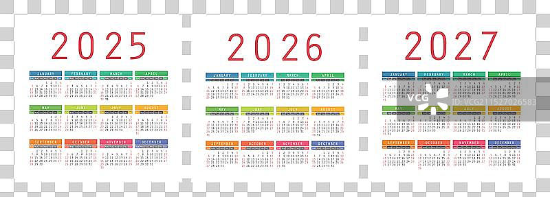 2025、2026、2027年彩色英文日历图片素材