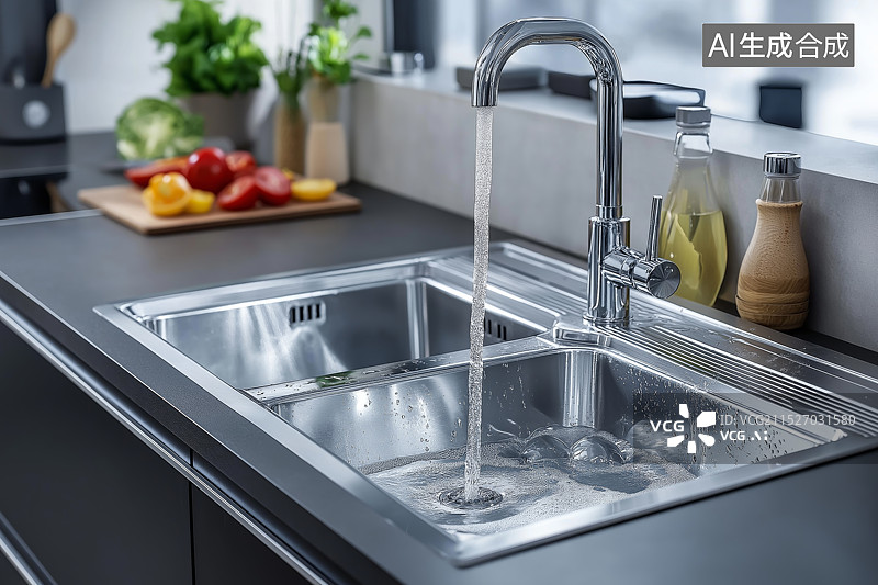 【AI数字艺术】厨房内的水槽和水龙头图片素材