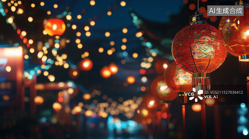 【AI数字艺术】新年一串在夜晚悬挂的红色中国灯笼图片素材