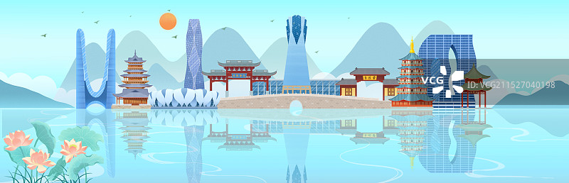 扁平建筑插画浙江杭州城市风光图片素材