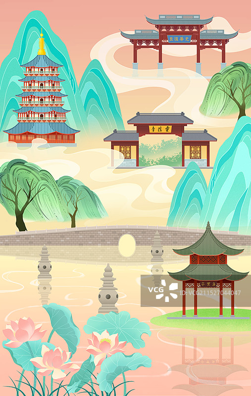 扁平建筑插画浙江杭州城市风光图片素材