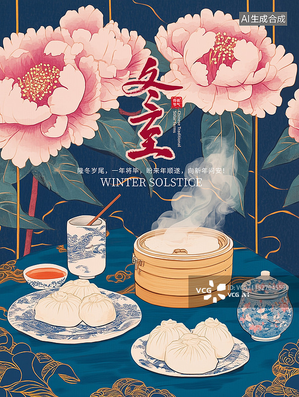 【AI数字艺术】中国风二十四节气系列插画海报模版-今日冬至 盛开的鲜花和新鲜出笼冒着热气的小笼包 竖版图片素材