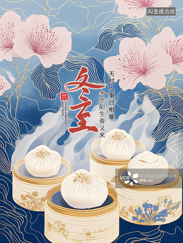 【AI数字艺术】中国风二十四节气系列插画海报模版-今日冬至 盛开的鲜花和新鲜出笼冒着热气的小笼包 竖版图片素材