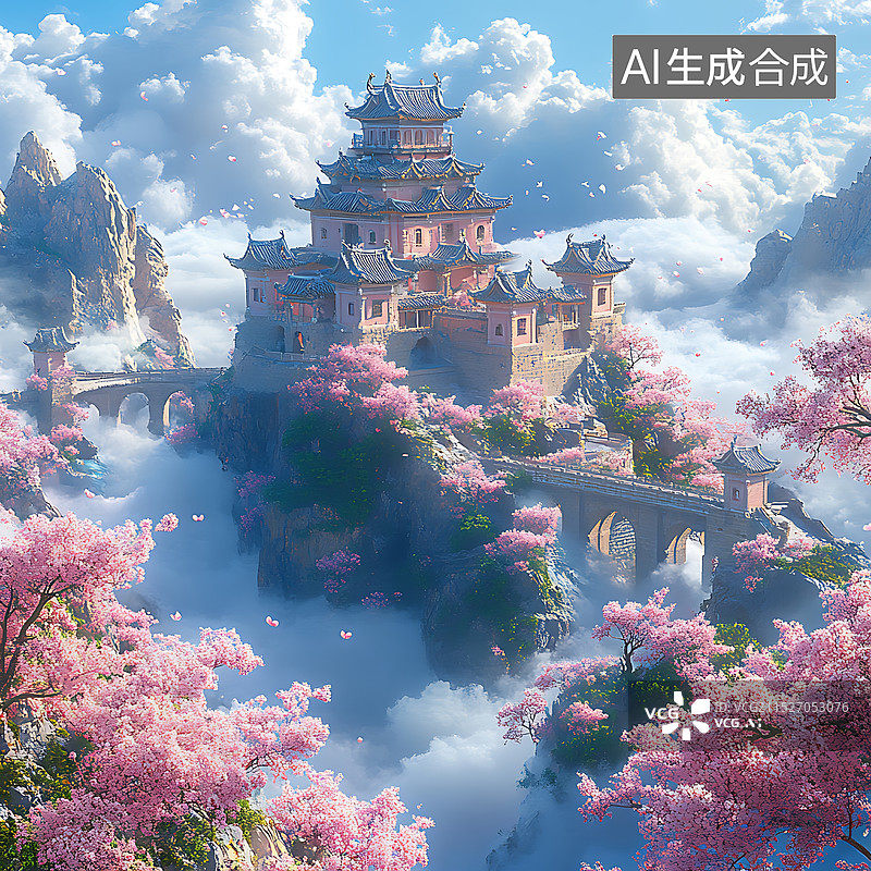 【AI数字艺术】云海中的花园城堡图片素材