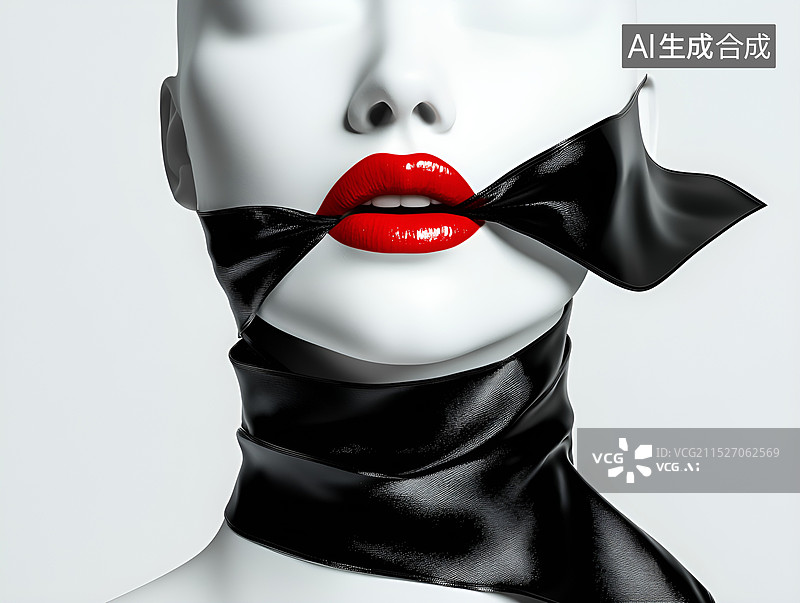 【AI数字艺术】黑色纱巾缠绕女子头像露出红色嘴唇图片素材