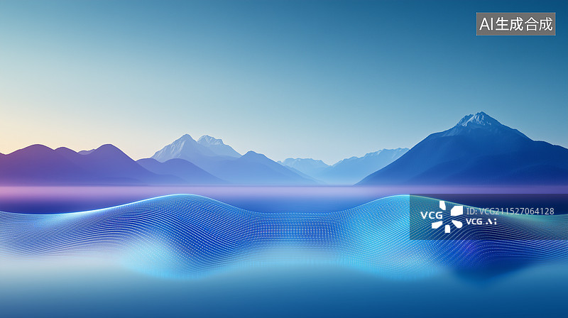 【AI数字艺术】山水和蓝色科技线条创意融合图片素材