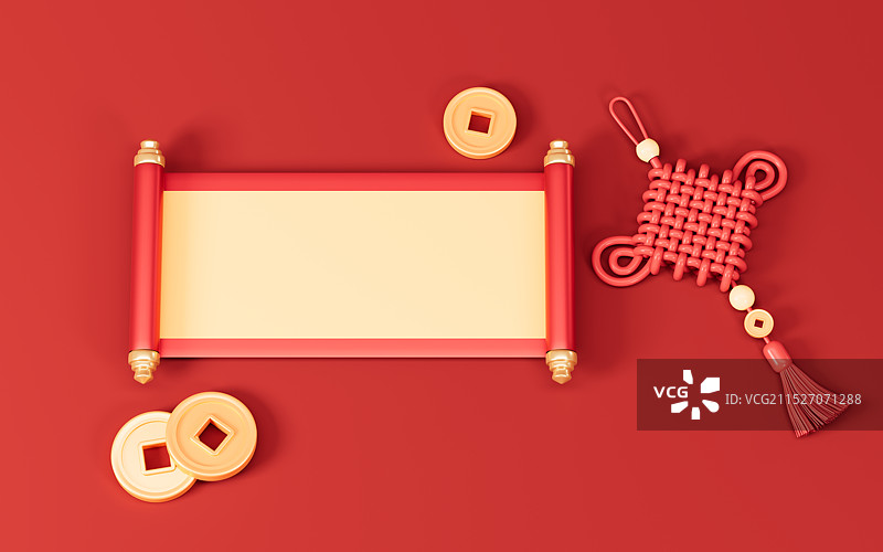 中国风空白卷轴和中国结3D渲染图片素材