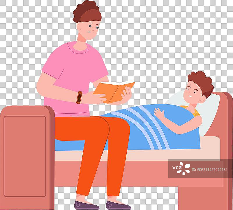 母亲给躺在床上的儿子读睡前故事图片素材