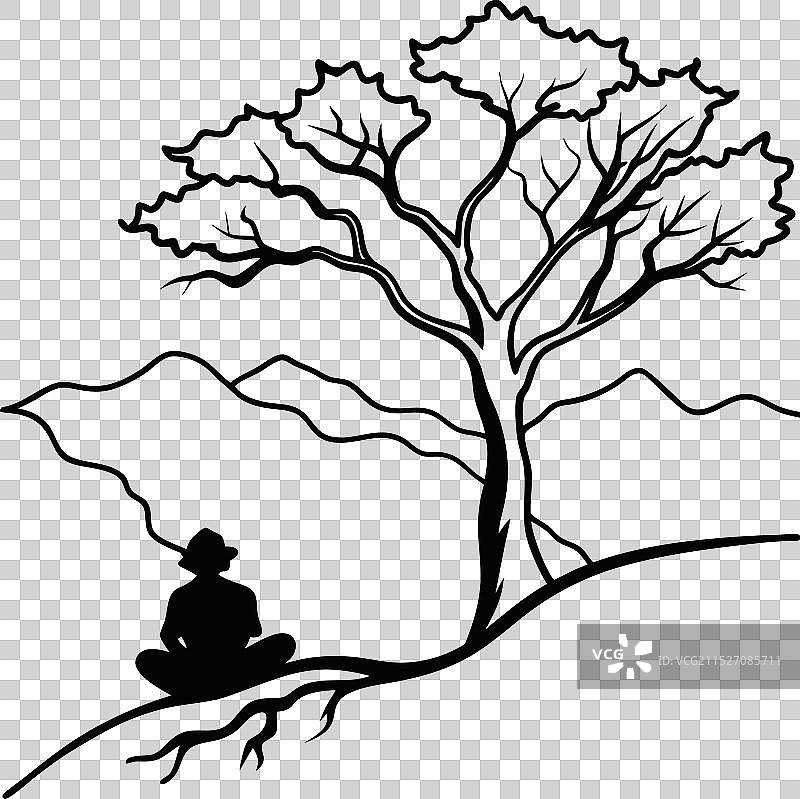 徒步旅行者在一棵大树下休息的轮廓图片素材