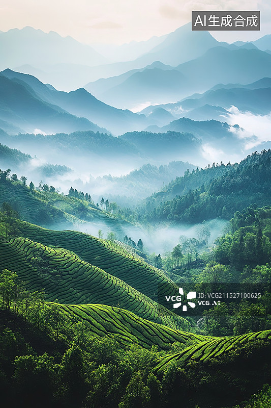 【AI数字艺术】春天雨雾撩人的茶山图片素材