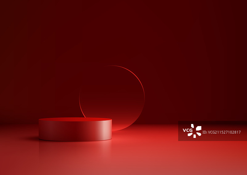 深红色背景上的极简红色3D圆柱形讲台图片素材