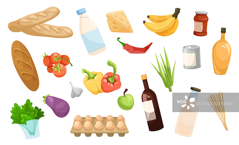 包含蔬菜、面包和乳制品的食品图片素材