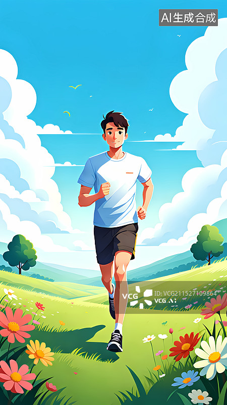 【AI数字艺术】草原上跑步的男生插画图片素材