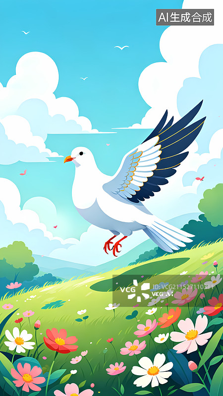 【AI数字艺术】春天草原花丛白鸽插画图片素材