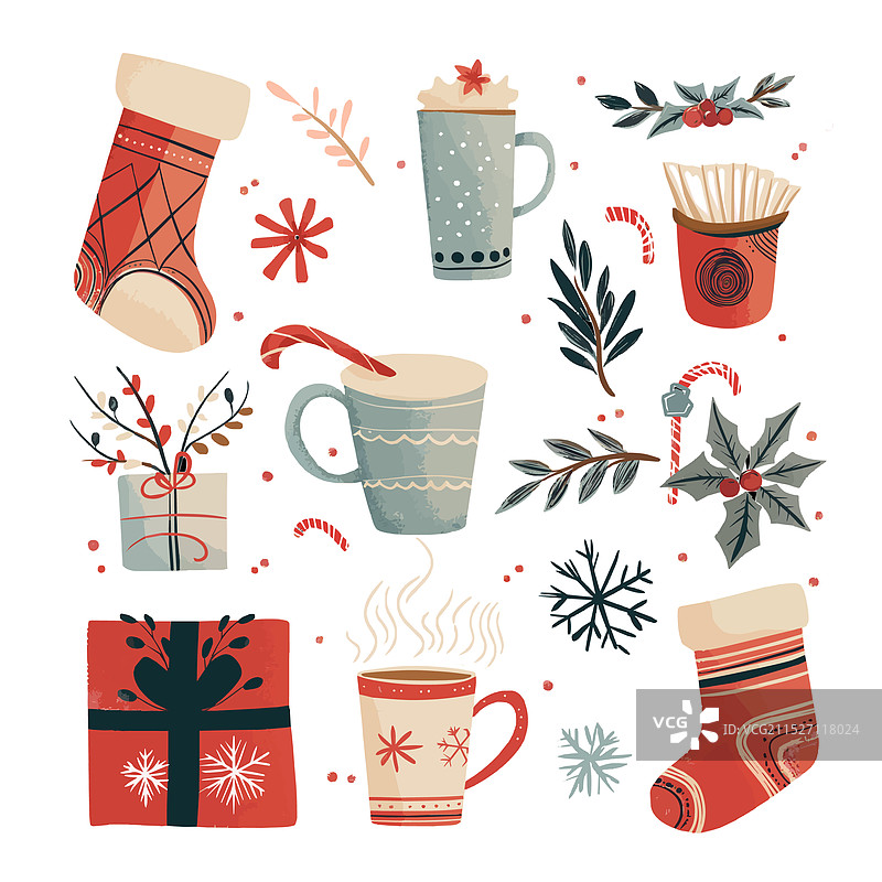 舒适的圣诞装饰元素与蛋奶酒图片素材