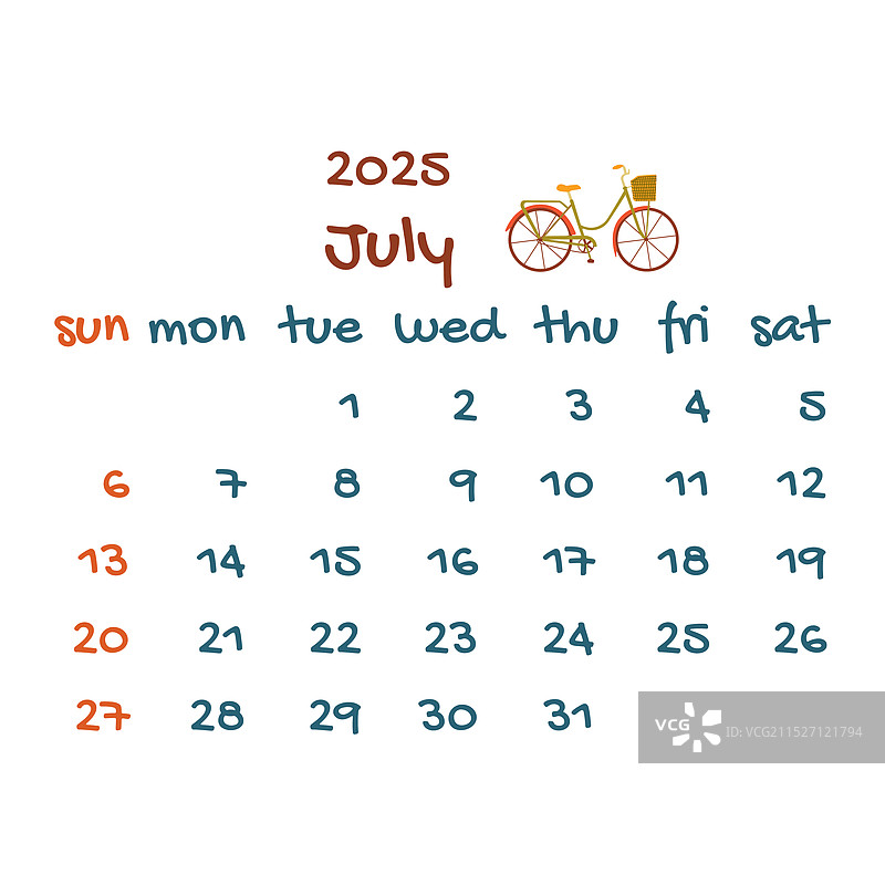 2025年7月自行车日历图片素材